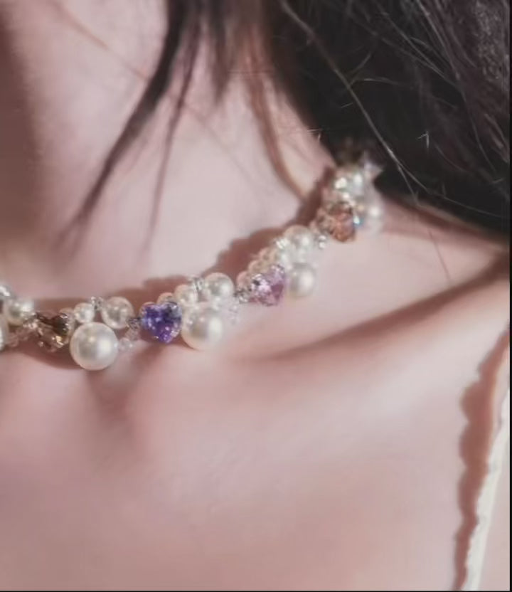 Dreamy Ling Pearl Jewelry Set with Pastel Heart Crystals and Elegant Bead Details