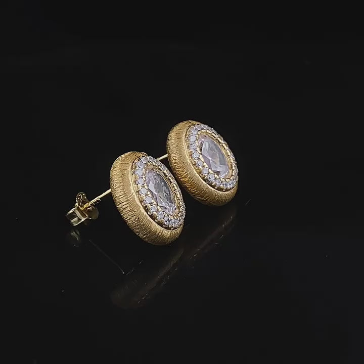 Starlight Aura Elegant Oval Gold Stud Earrings with Zircon Halo – 925 Sterling Silver
