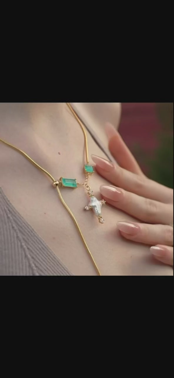 Baroque Cross Color-Block Slider Necklace with Paraiba Stone & Pearl Pendant