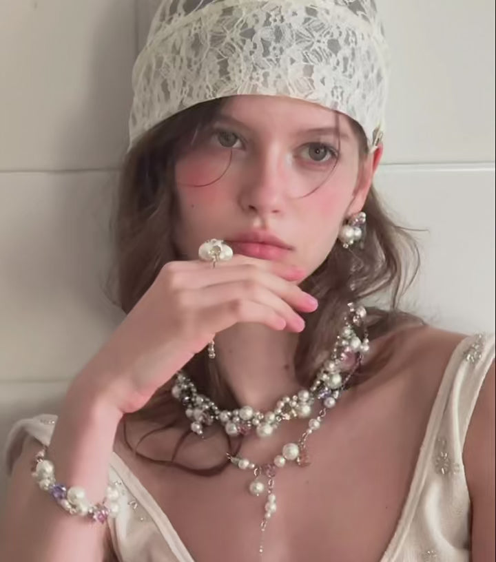 Romantic Pearl Drop Necklace with Pink Crystal Charm and Layered Silver-Tone Chain