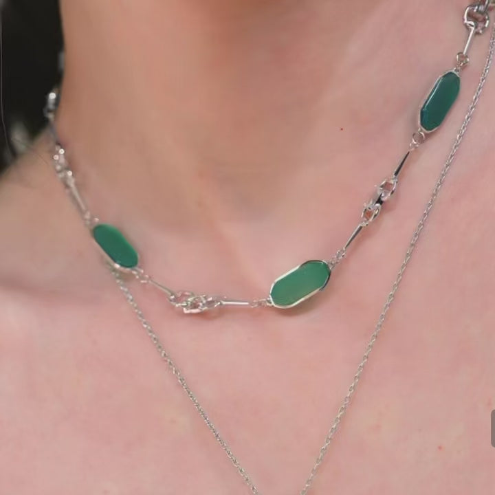 Vintage Red & Green Agate Horsebit Stirrup Layered Necklace Set with Pavé Pendant