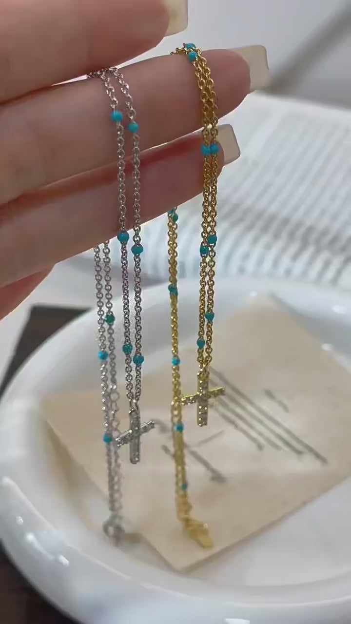 Cross Pendant Necklace with Turquoise Beads – Sparkling Crystal Chain Jewelry