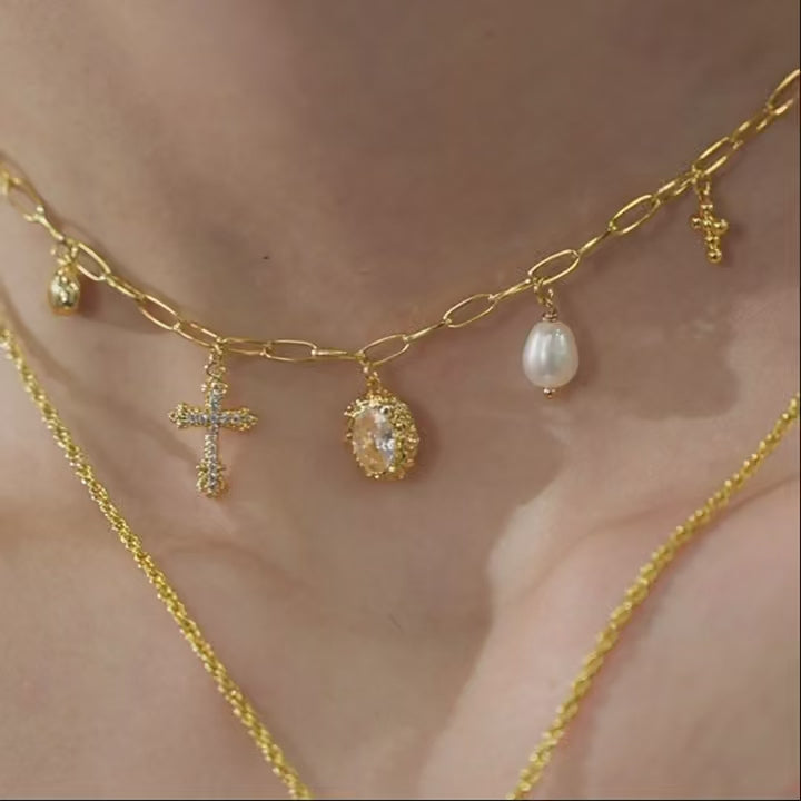 Starlight Aura Cross Pearl Charm Necklace