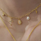 Starlight Aura Cross Pearl Charm Necklace
