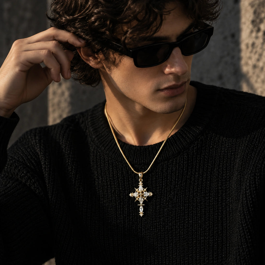Celestial Starburst Cross Necklace – Gold & Silver Tone