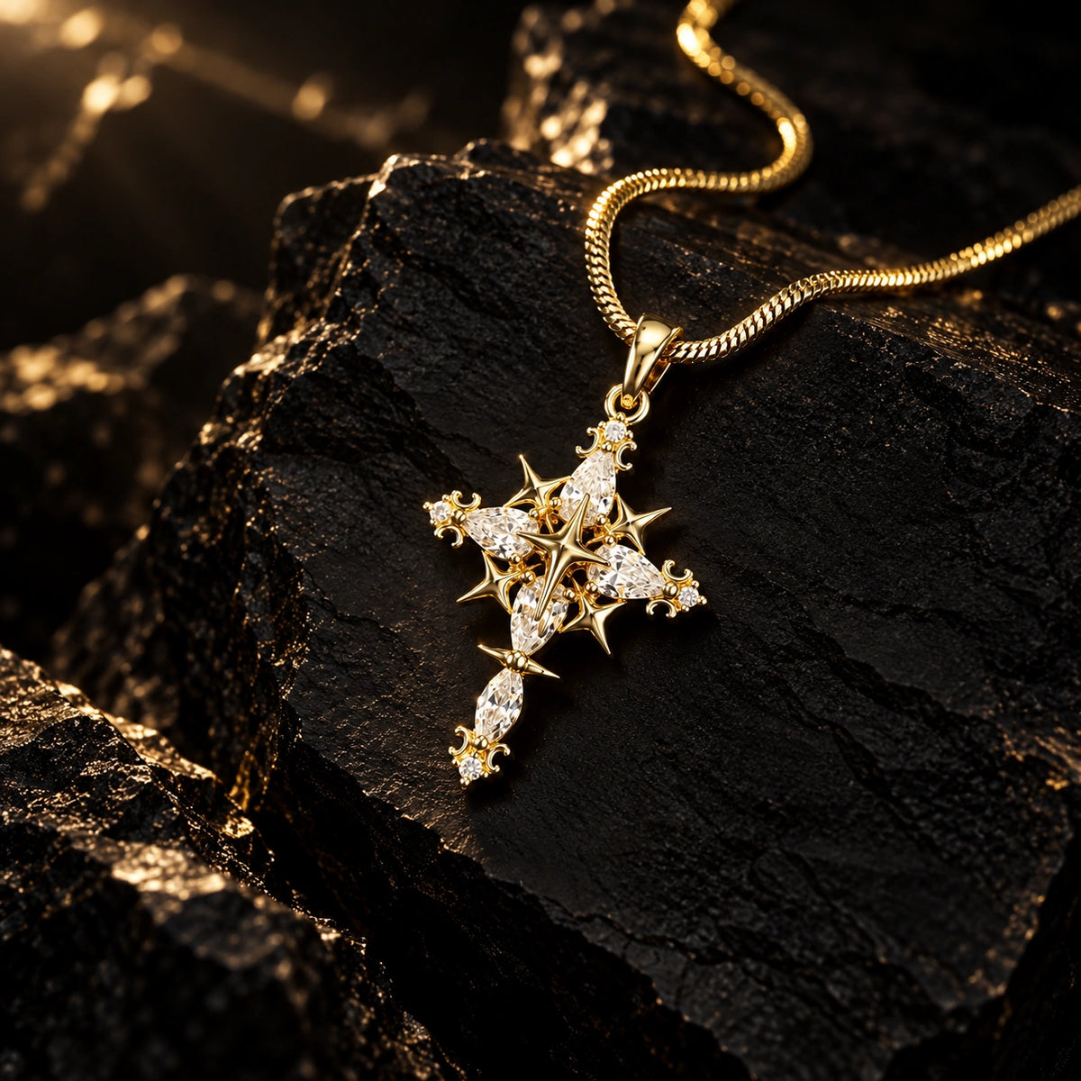 Celestial Starburst Cross Necklace – Gold & Silver Tone