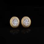 Starlight Aura Elegant Oval Gold Stud Earrings with Zircon Halo – 925 Sterling Silver